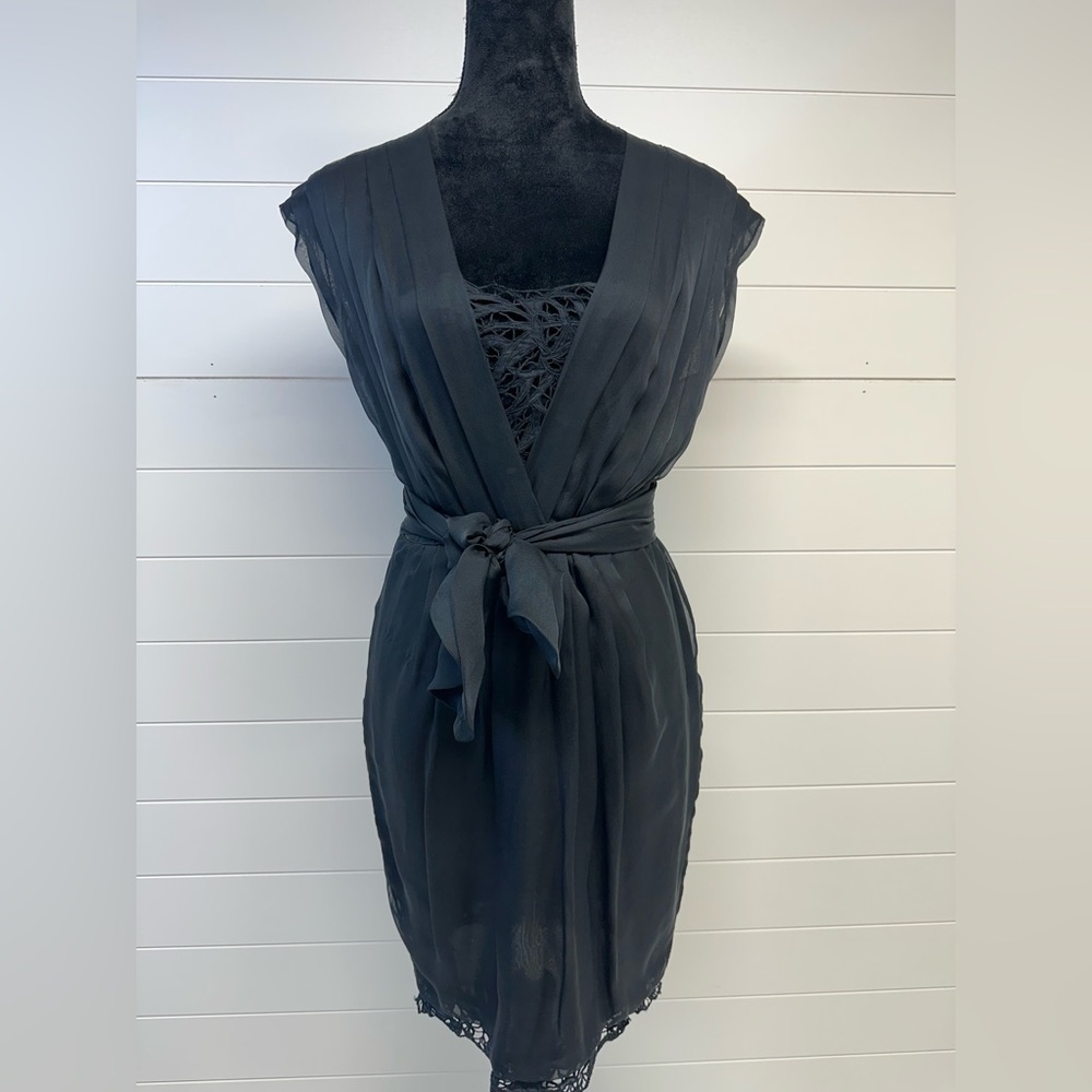 Catherine Maladrino Cap Sleeve 100% Silk Lined Black Midi Dress Size 4